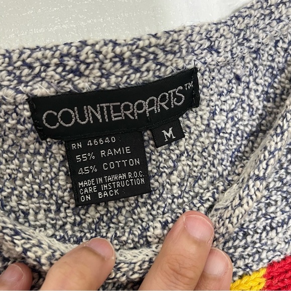 COUNTERPARTS Vintage Geometric Gray Sweater Ramie Cotton Top | size medium - Picture 4 of 6